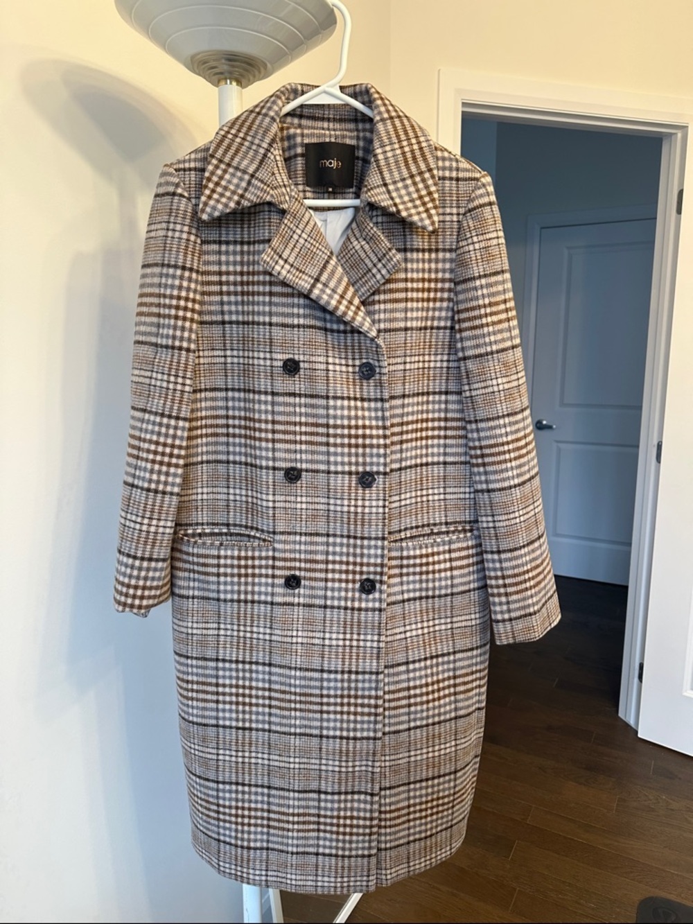 Maje Plaid Double-Breasted Coat in Brown/Beige size 38 retail for $685